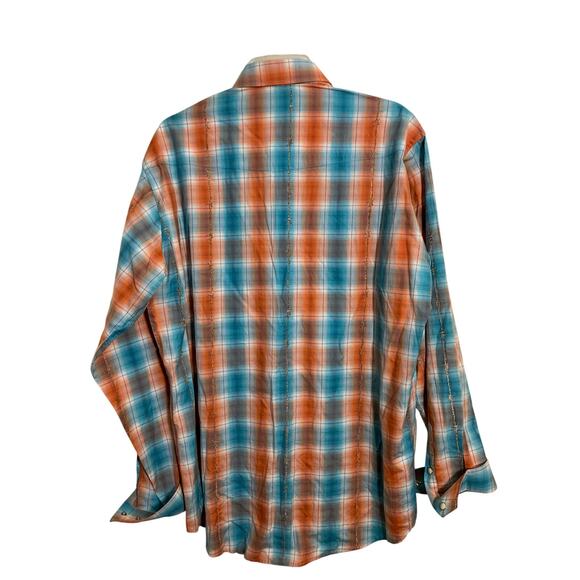 Rough Stock Mens Large Orange Blue Pearl Snap Western Flannel Cowboy Rodeo - Picture 3 of 14